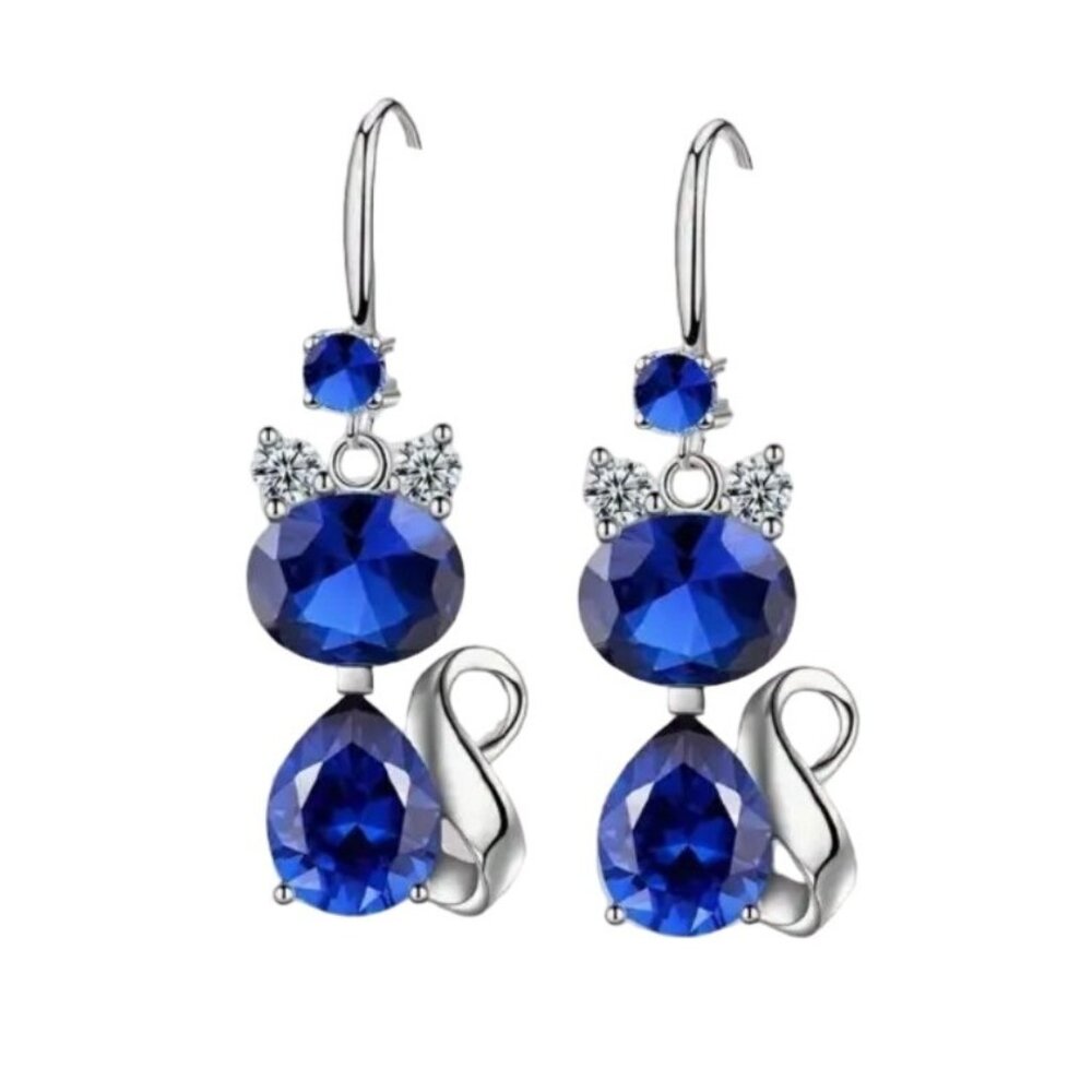 Cobalt Blue glass Cat Earrings With Crystals - Silver Finish - Drop Dangle Desig